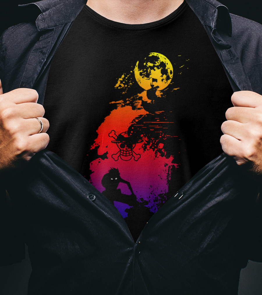 Monkey D. Luffy Shadow Art With Straw Hat Pirate Emblem And Moon T-Shirt