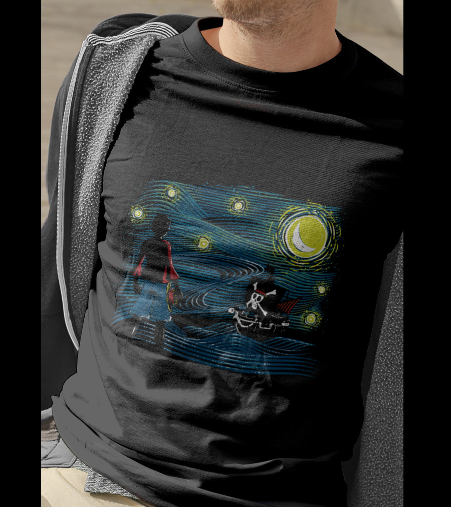 Starry Sea Voyage With Pirate Ship Under Starry Night Sky T-Shirt