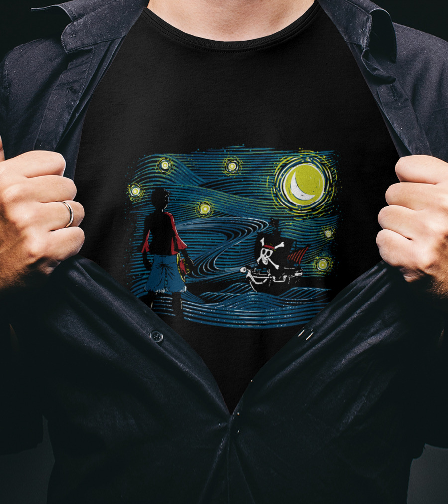 Starry Sea Voyage With Pirate Ship Under Starry Night Sky T-Shirt