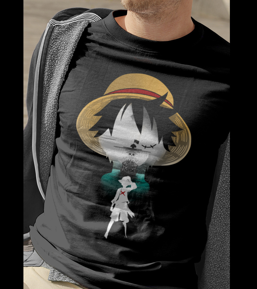 Strawhat Pirate Silhouette Design With Iconic Ship And Sea Adventure T-Shirt