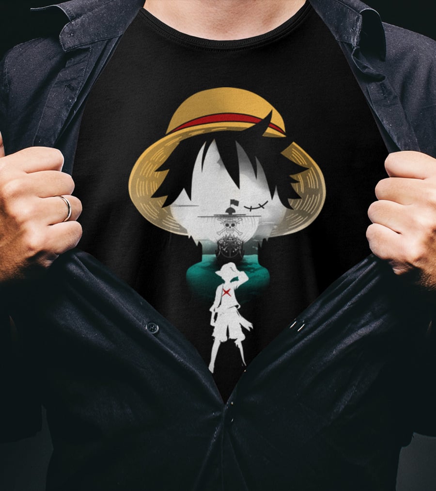 Strawhat Pirate Silhouette Design With Iconic Ship And Sea Adventure T-Shirt