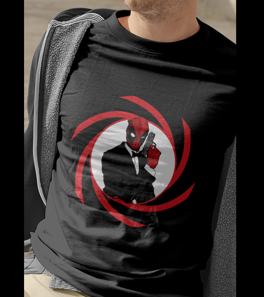 Deadpool Bond In Red Spy Spiral Suit With Gun T-Shirt
