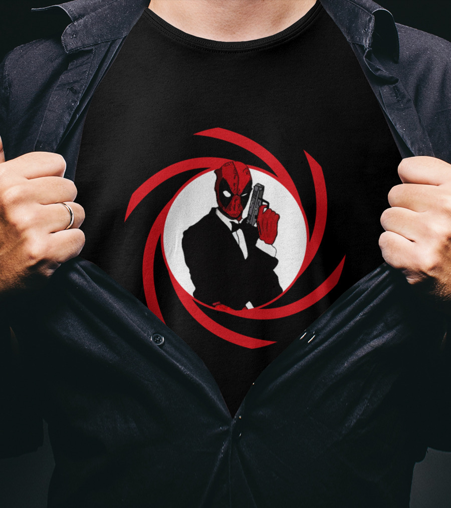 Deadpool Bond In Red Spy Spiral Suit With Gun T-Shirt