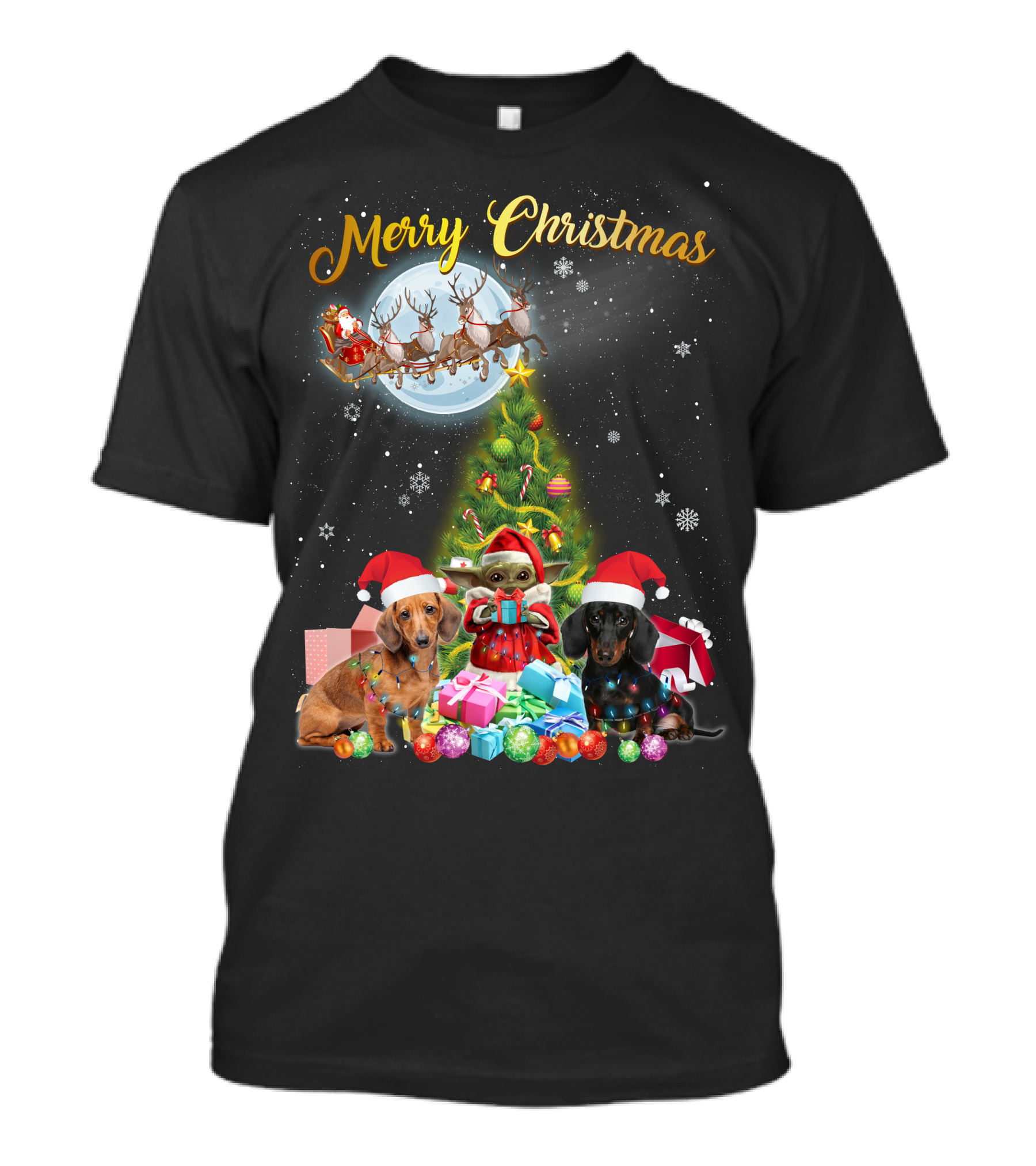Merry Christmas Dachshund Santa Sleigh Gifts Tree T-Shirt