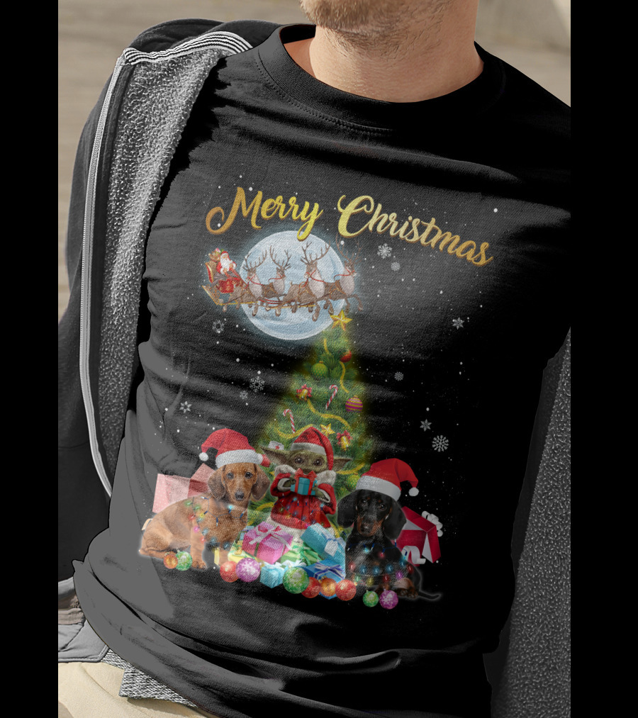 Merry Christmas Dachshund Santa Sleigh Gifts Tree T-Shirt