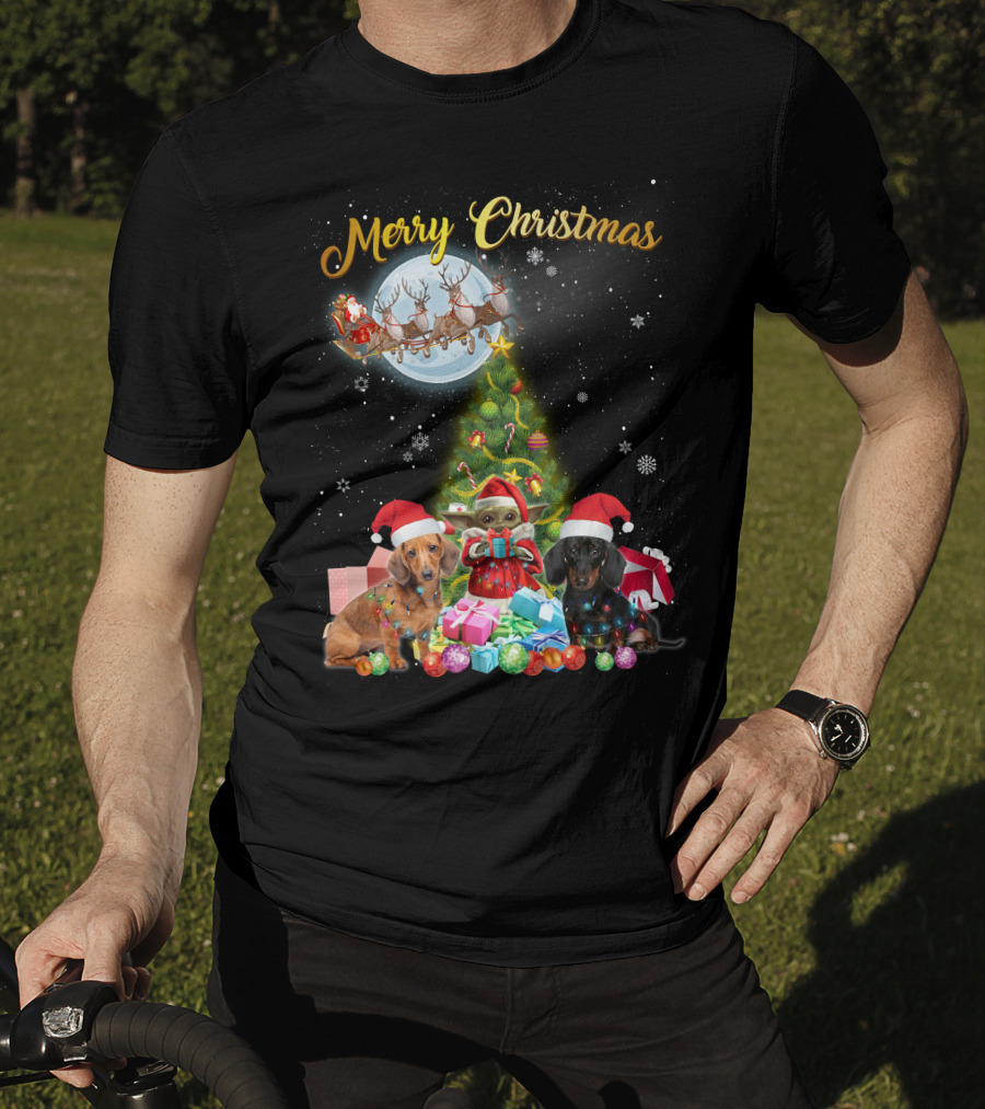 Merry Christmas Dachshund Santa Sleigh Gifts Tree T-Shirt
