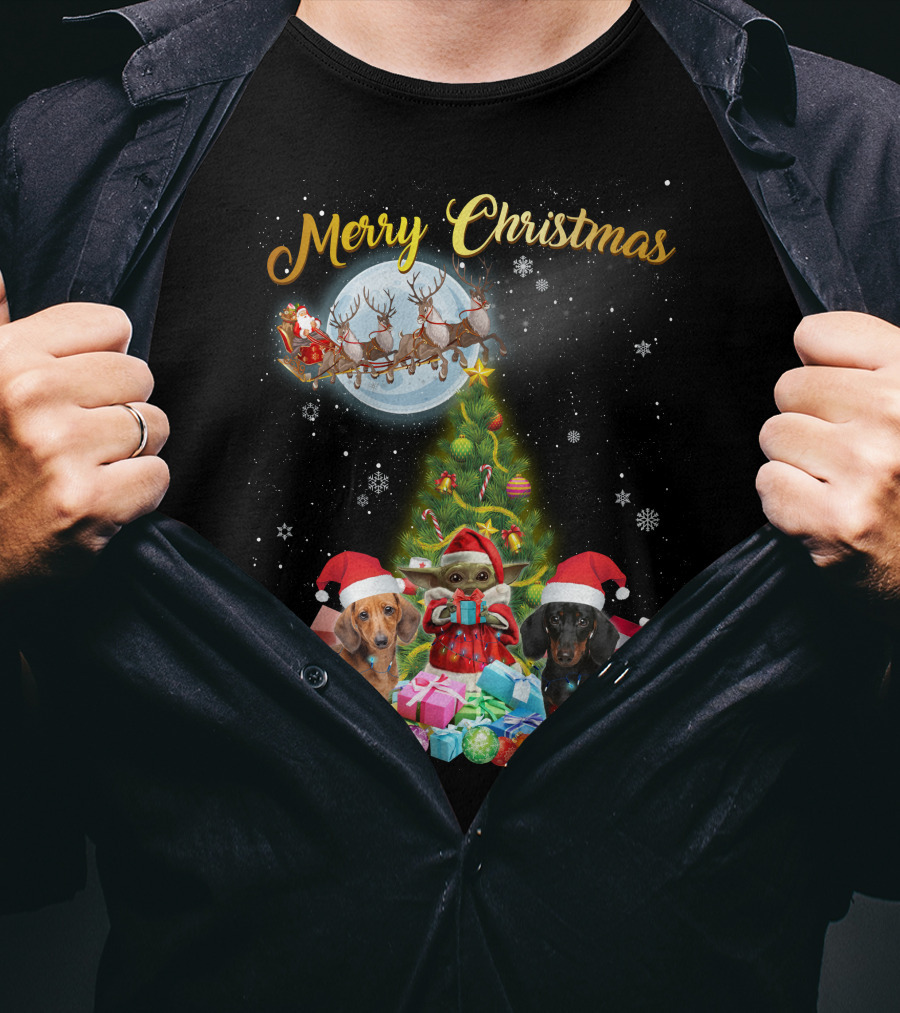 Merry Christmas Dachshund Santa Sleigh Gifts Tree T-Shirt