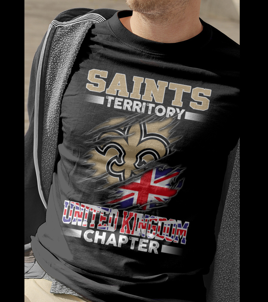 Saints Territory United Kingdom Chapter Fleur-De-Lis And Union Jack Ripped T-Shirt