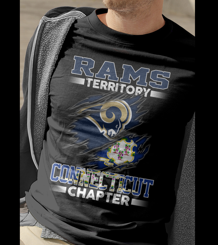 Rams Territory Connecticut Chapter Blue And White Design With Iconic Ram Logo And Connecticut State Symbol T-Shirt