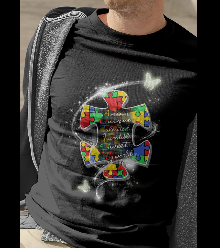 Awesome Unique Talented Incredible Sweet My World Puzzle Piece With Butterflies And Sparkles T-Shirt