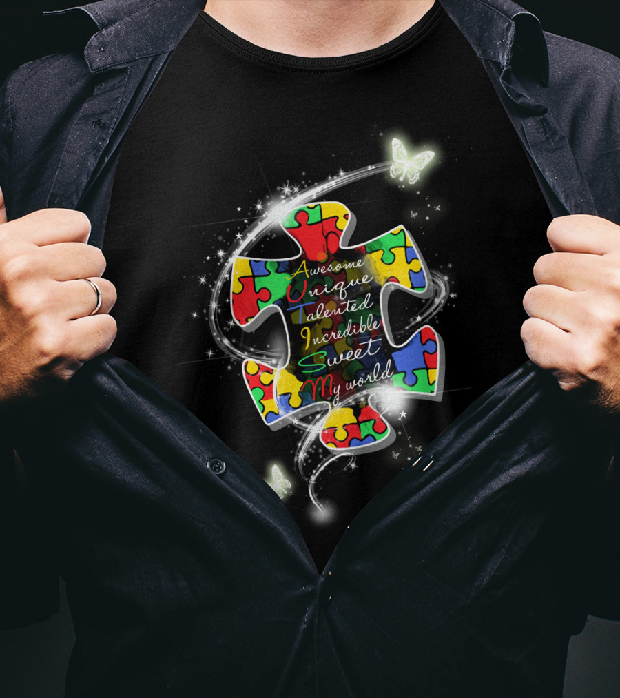 Awesome Unique Talented Incredible Sweet My World Puzzle Piece With Butterflies And Sparkles T-Shirt
