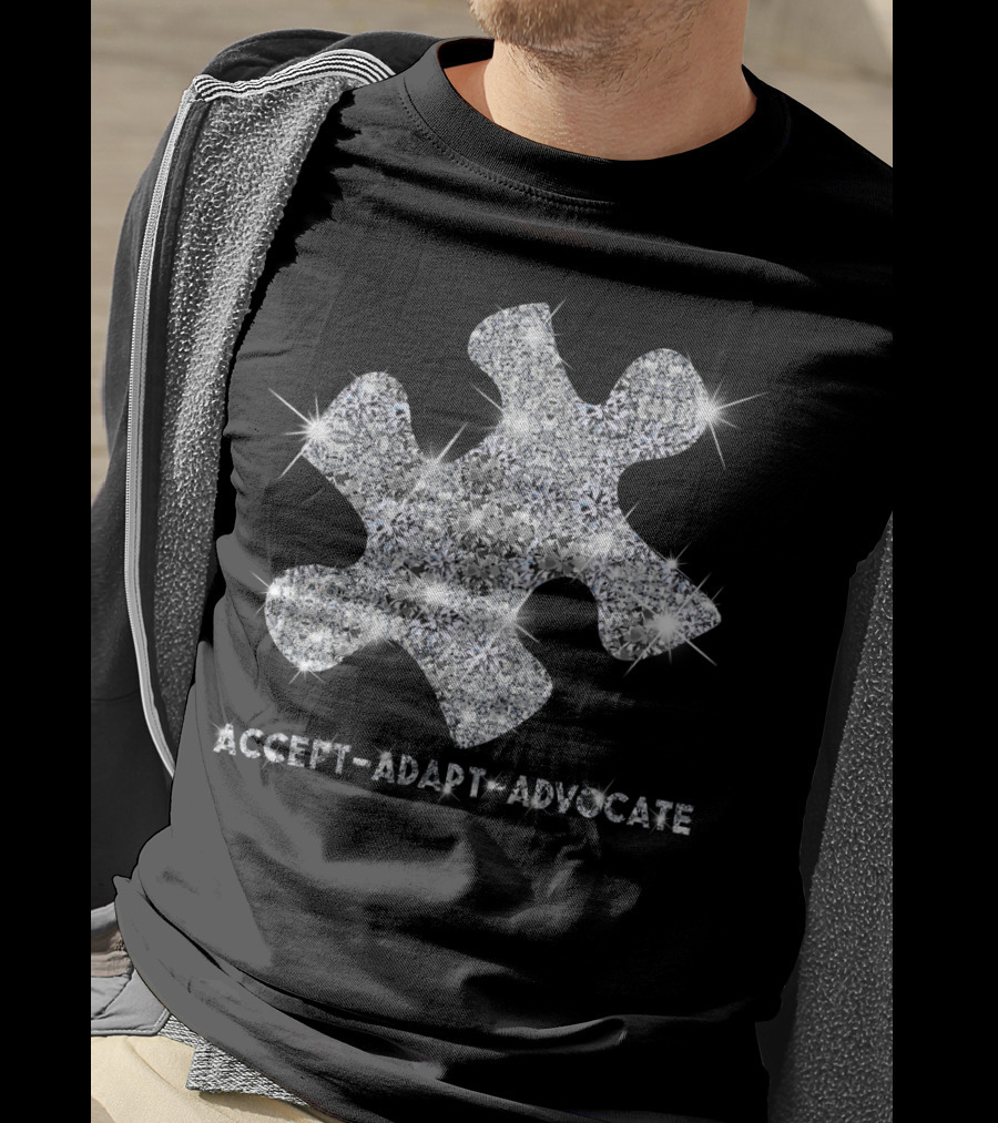 Accept Adapt Advocate Silver Glitter Puzzle Piece T-Shirt