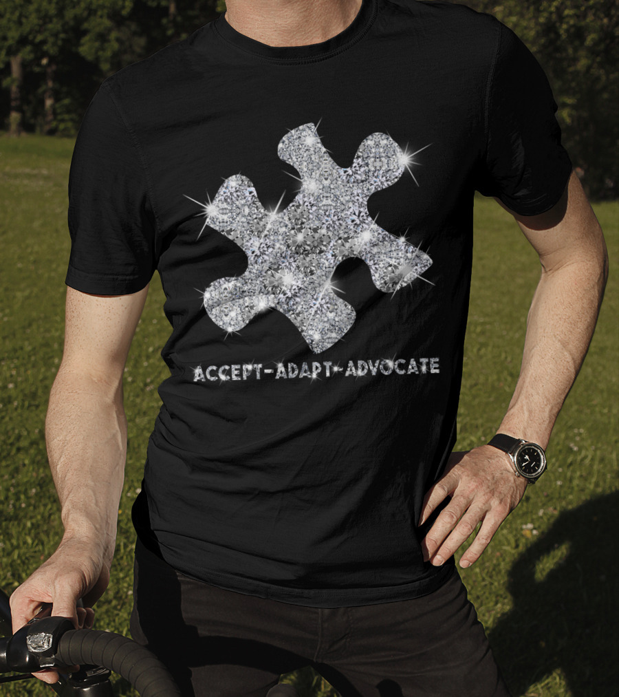 Accept Adapt Advocate Silver Glitter Puzzle Piece T-Shirt