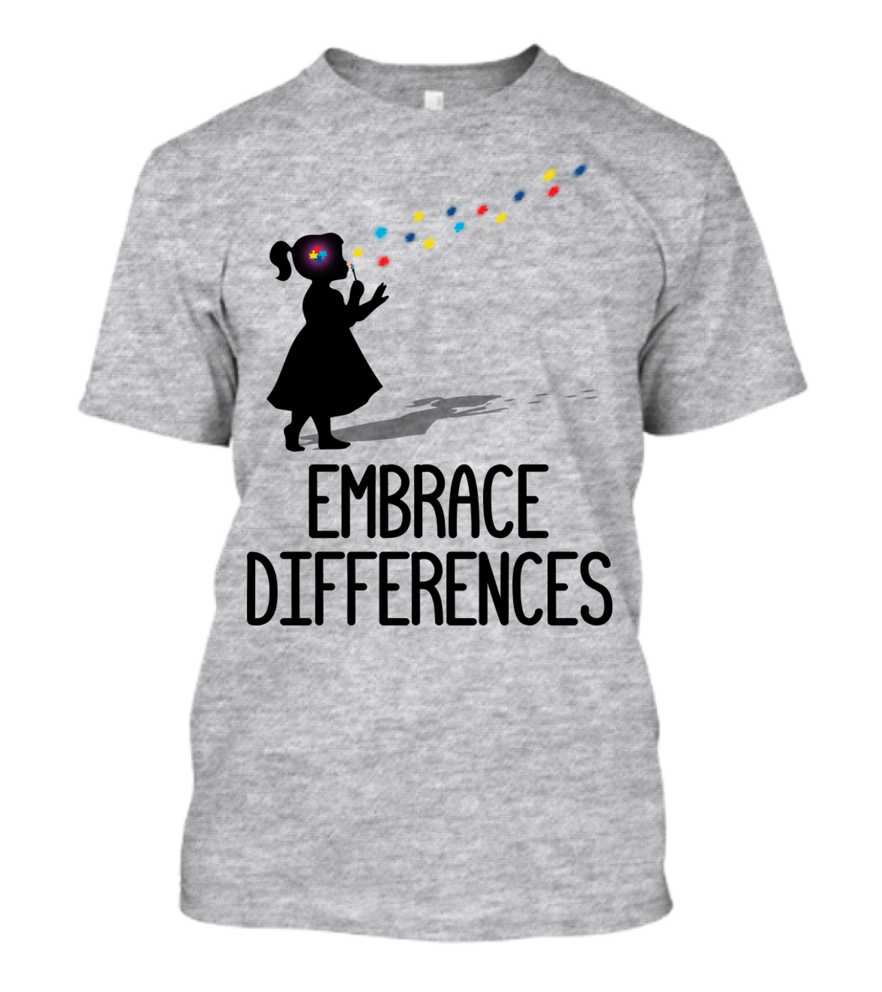 Embrace Differences Silhouette Girl With Autism Puzzle Flower And Colorful Bubbles T-Shirt