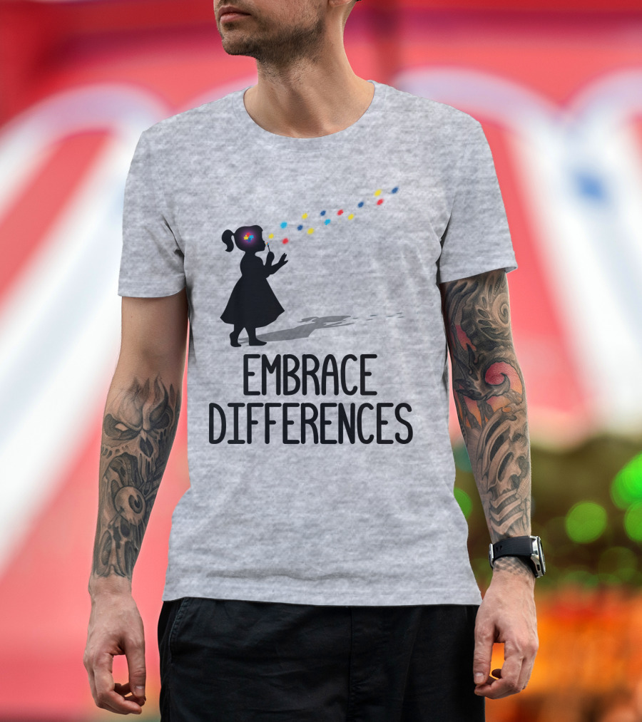 Embrace Differences Silhouette Girl With Autism Puzzle Flower and Colorful Bubbles T-Shirt