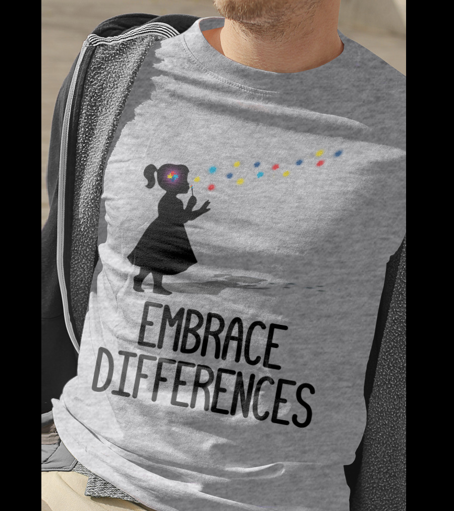 Embrace Differences Silhouette Girl With Autism Puzzle Flower And Colorful Bubbles T-Shirt