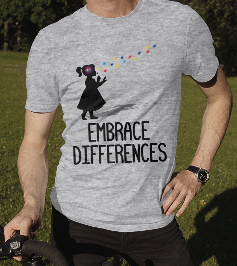 Embrace Differences Silhouette Girl With Autism Puzzle Flower And Colorful Bubbles T-Shirt