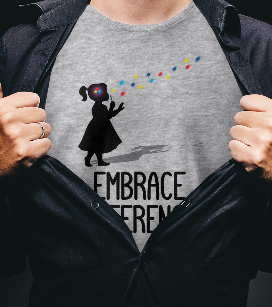 Embrace Differences Silhouette Girl With Autism Puzzle Flower And Colorful Bubbles T-Shirt