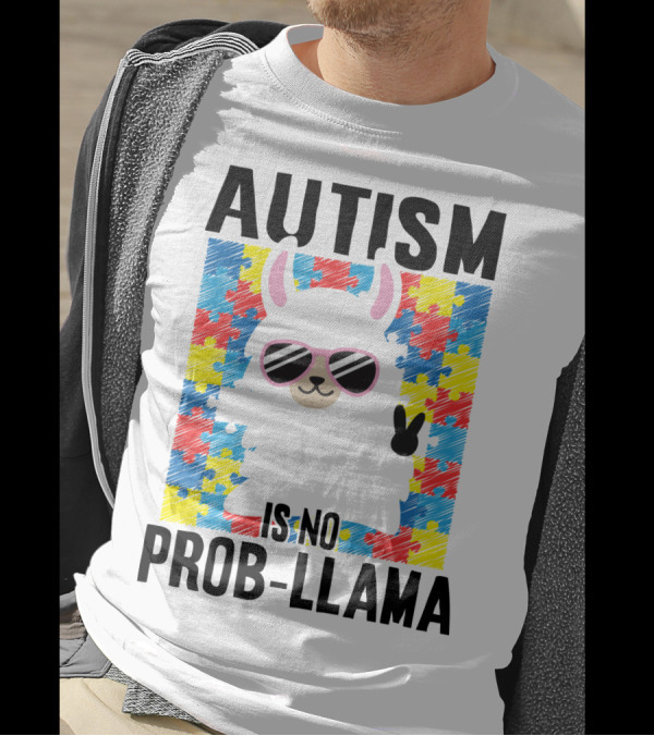 Autism Is No Prob-Llama Puzzle Pattern Sunglasses Peace Sign T-Shirt