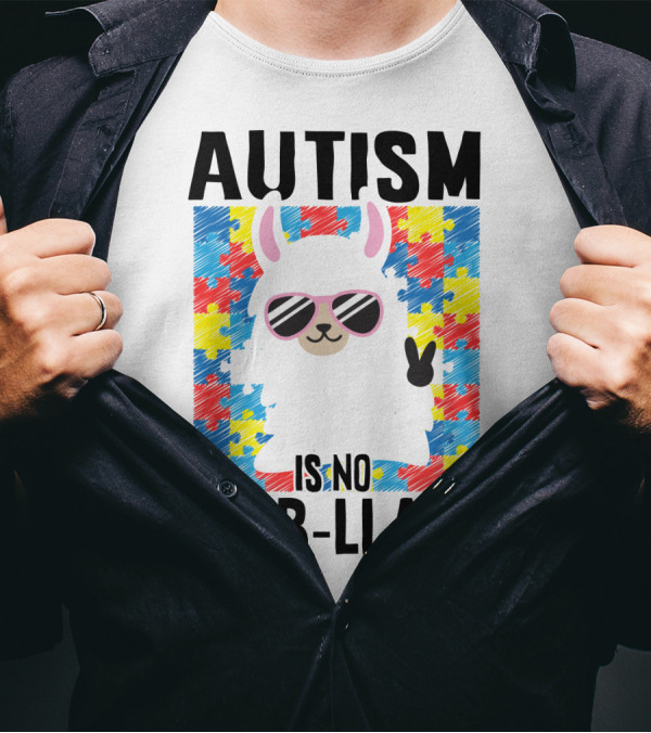 Autism Is No Prob-Llama Puzzle Pattern Sunglasses Peace Sign T-Shirt