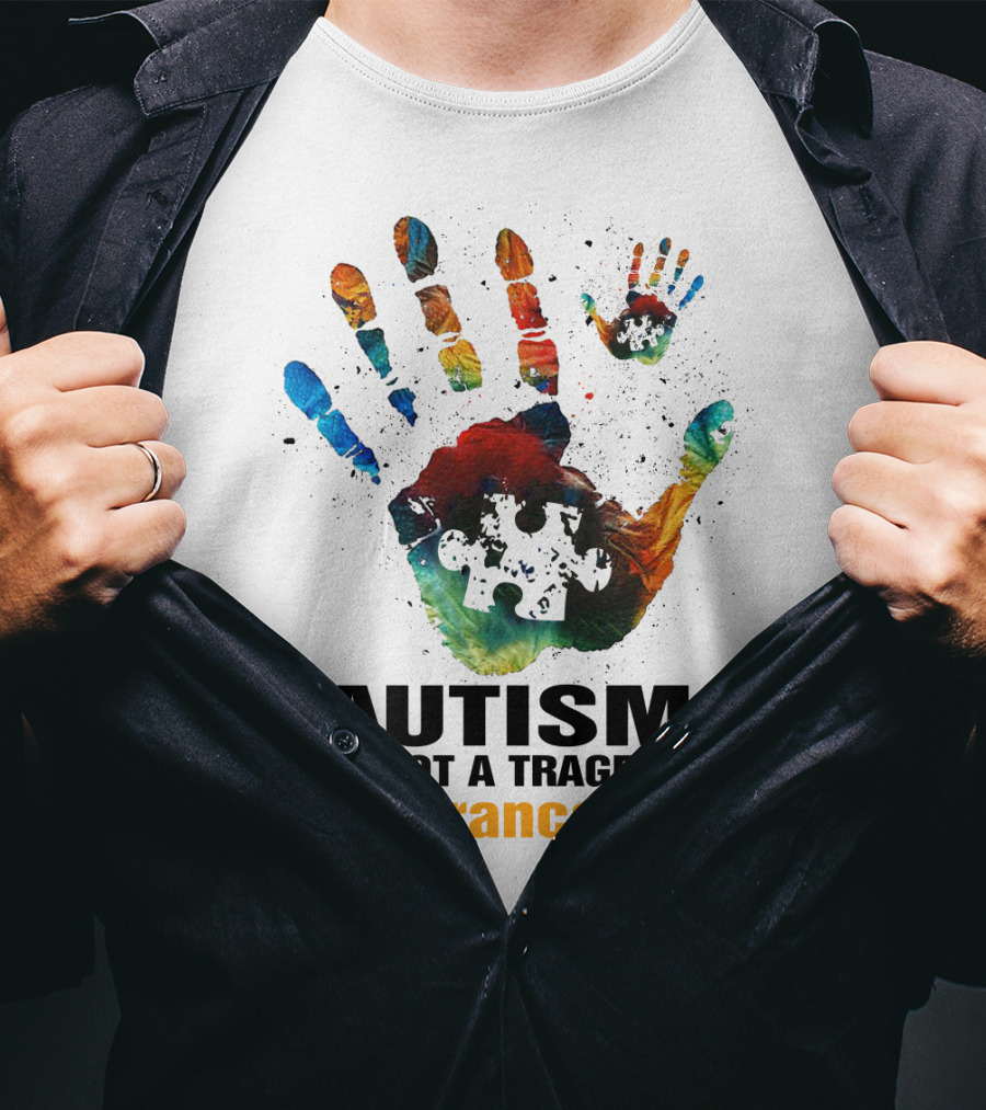 Autism Is Not A Tragedy Ignorance Is Colorful Handprint Puzzle Piece T-Shirt