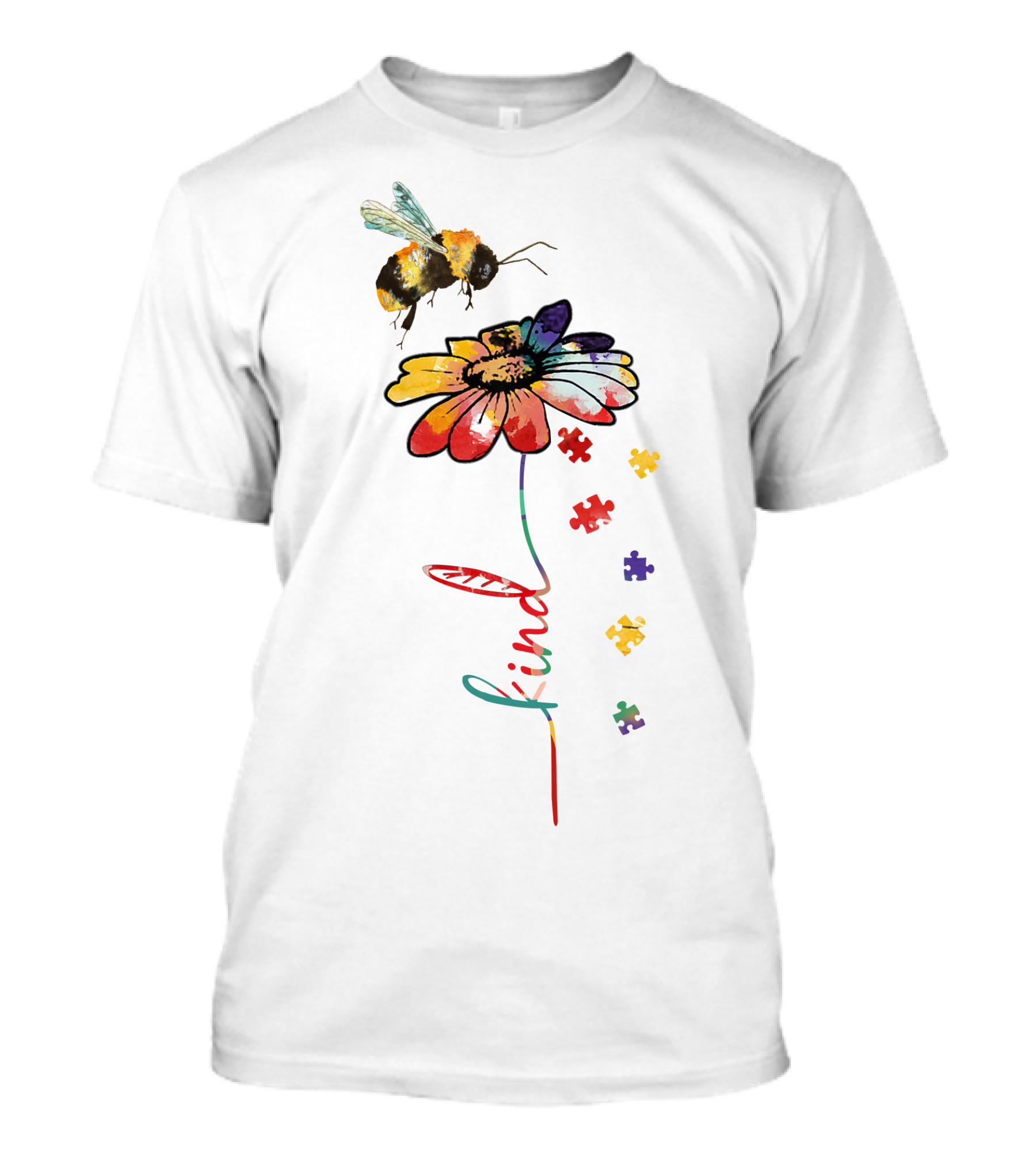Bee Kind Puzzle Flower With Colorful Petals And Bumblebee T-Shirt