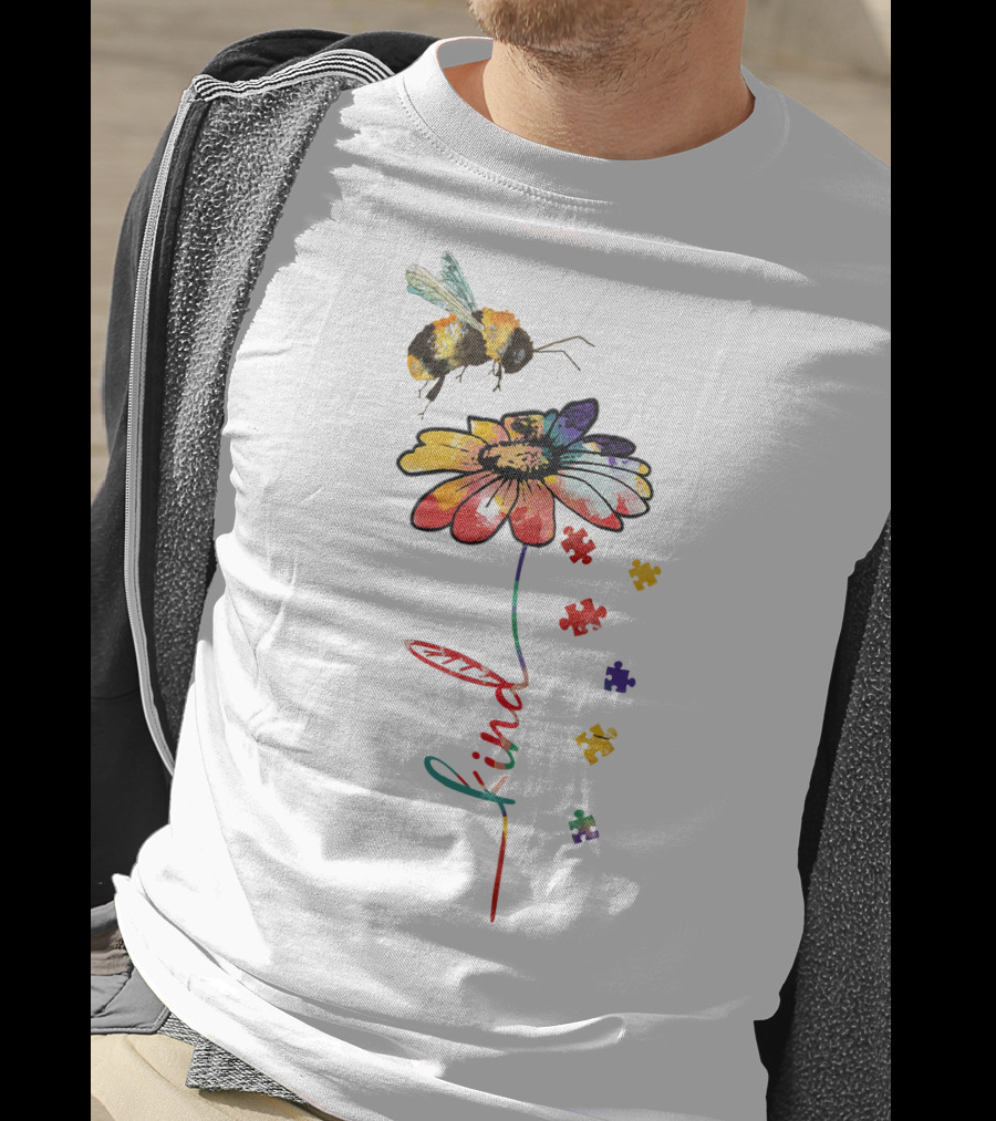 Bee Kind Puzzle Flower With Colorful Petals And Bumblebee T-Shirt