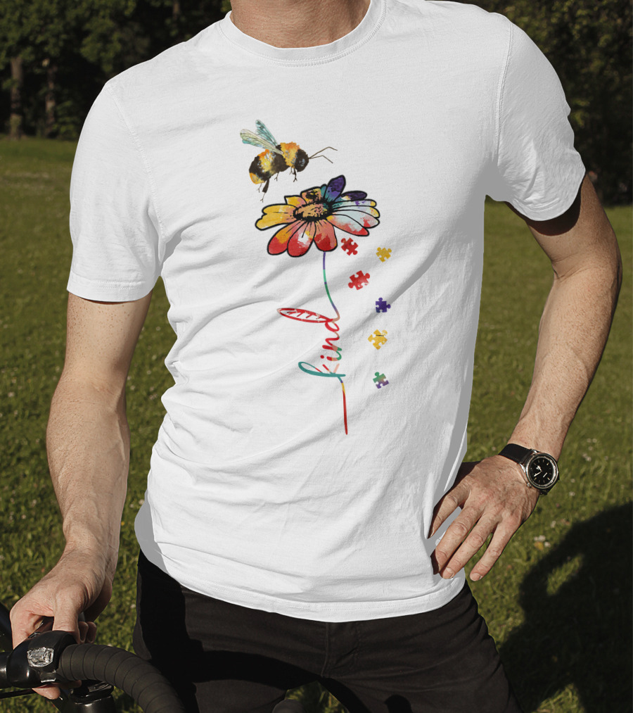 Bee Kind Puzzle Flower With Colorful Petals And Bumblebee T-Shirt