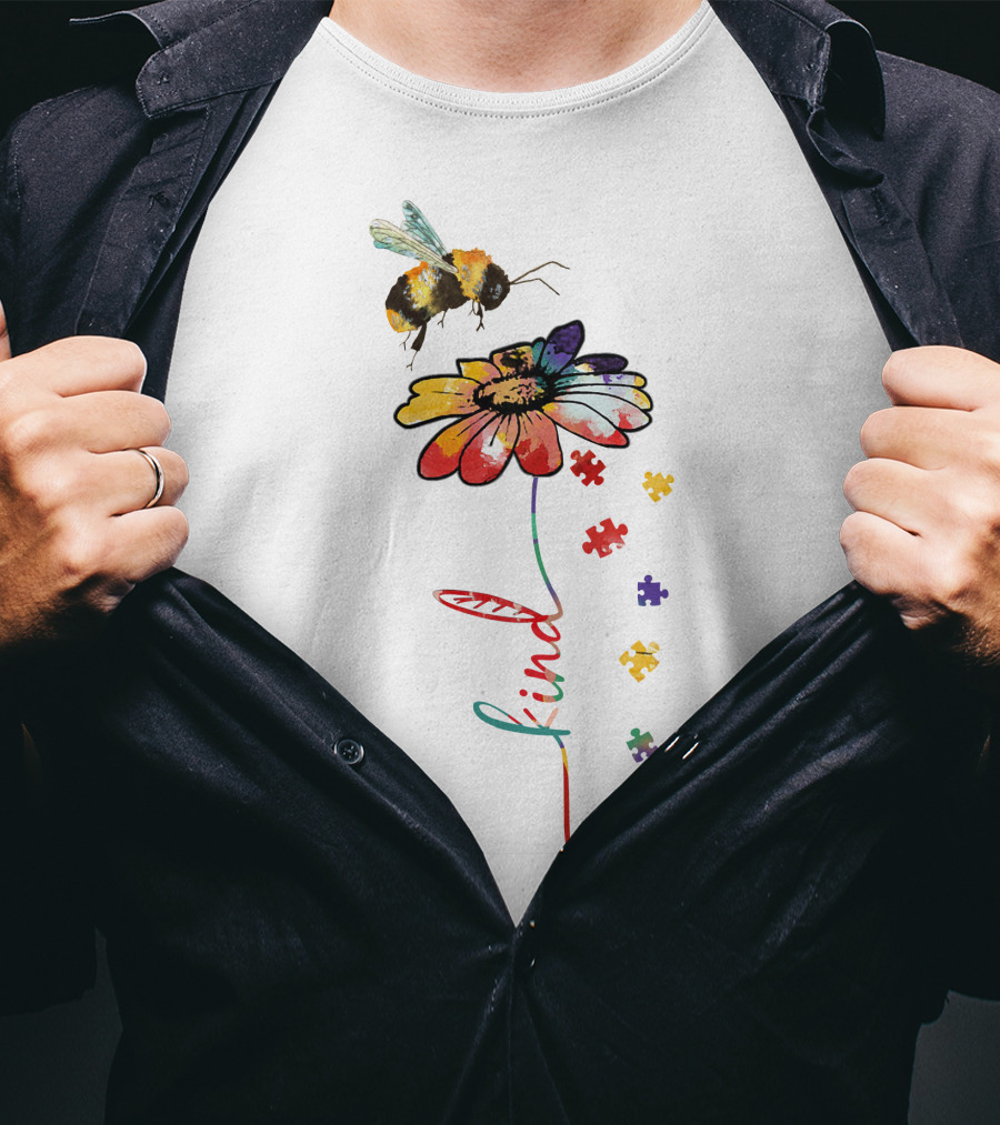 Bee Kind Puzzle Flower With Colorful Petals And Bumblebee T-Shirt