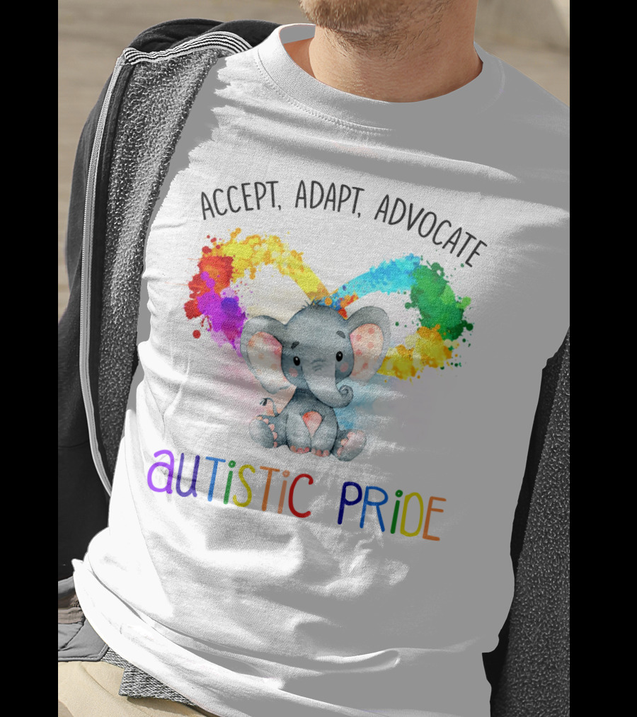 Accept, Adapt, Advocate Autistic Pride Colorful Elephant T-Shirt