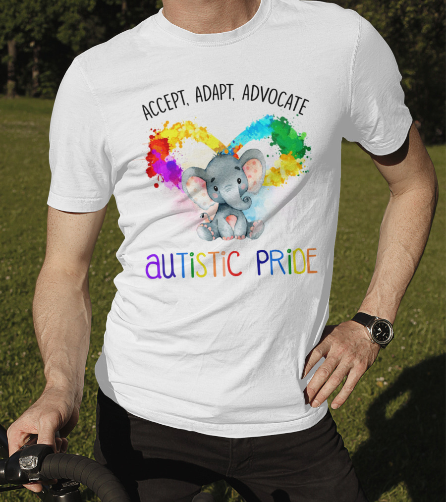 Accept, Adapt, Advocate Autistic Pride Colorful Elephant T-Shirt