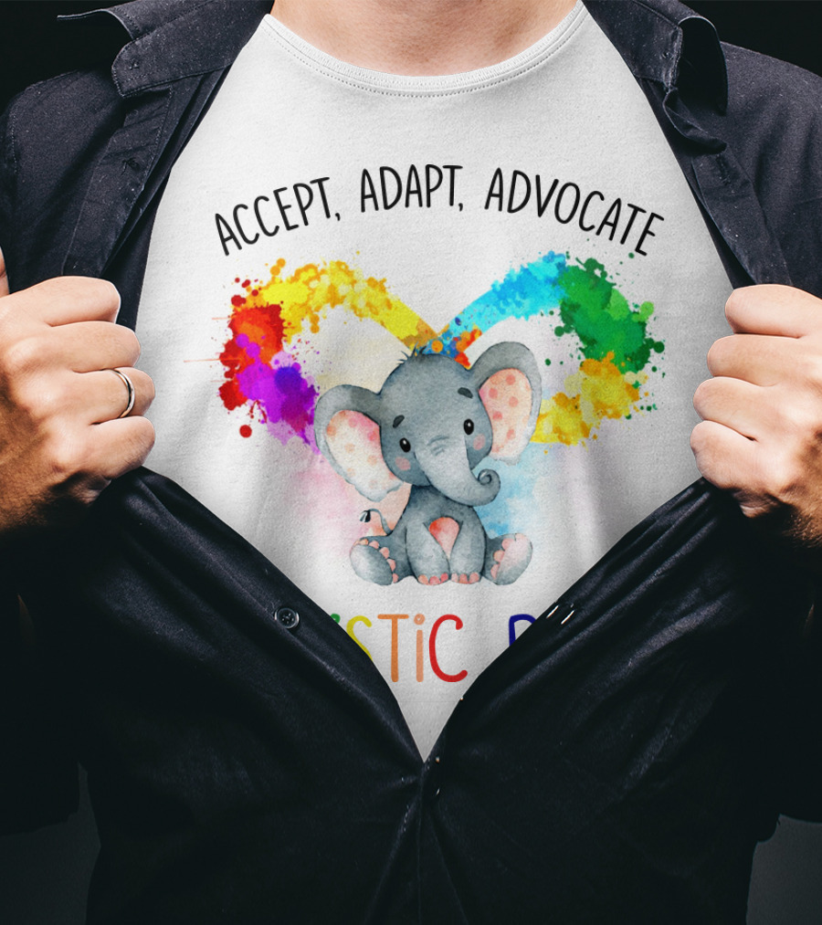 Accept, Adapt, Advocate Autistic Pride Colorful Elephant T-Shirt