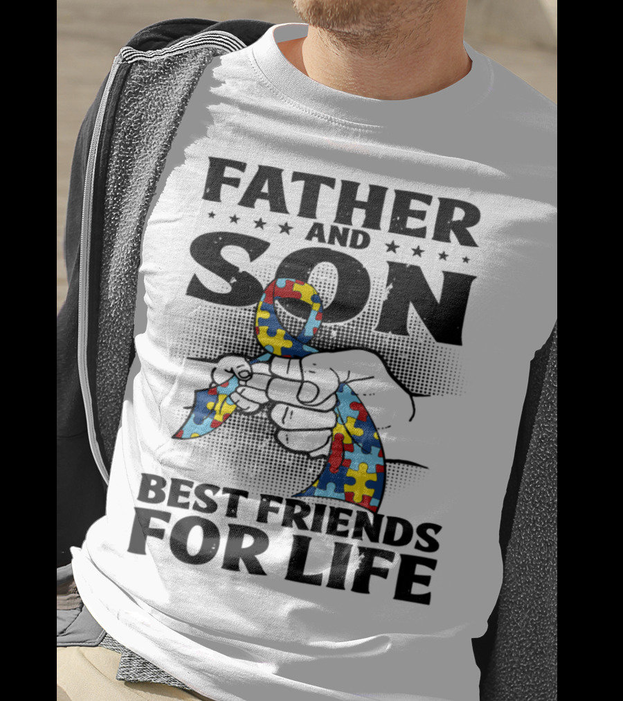 Father And Son Best Friends For Life Autism Puzzle Ribbon Fist Bump T-Shirt