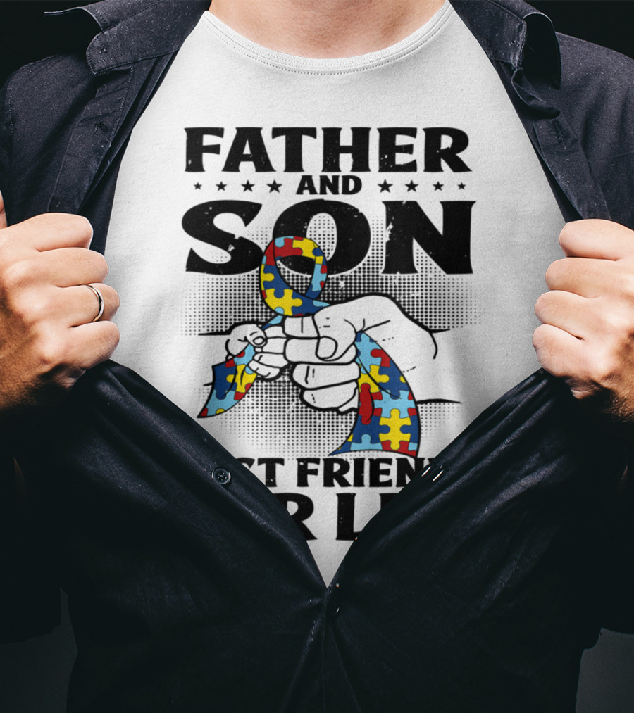 Father And Son Best Friends For Life Autism Puzzle Ribbon Fist Bump T-Shirt