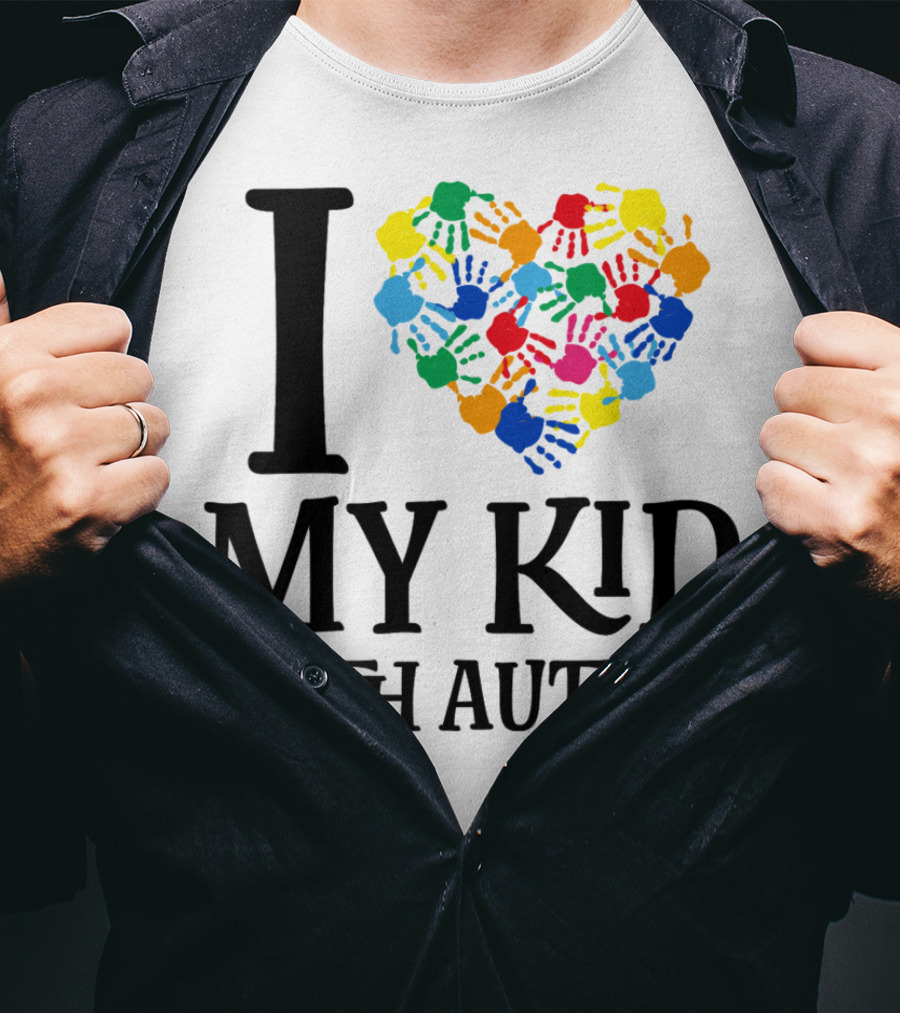 I Heart My Kid With Autism Multicolor Handprints T-Shirt
