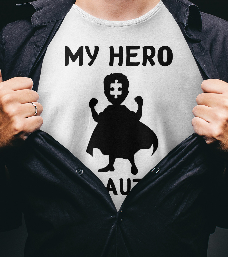 My Hero Has Autism Silhouette With Puzzle Piece Face T-Shirt