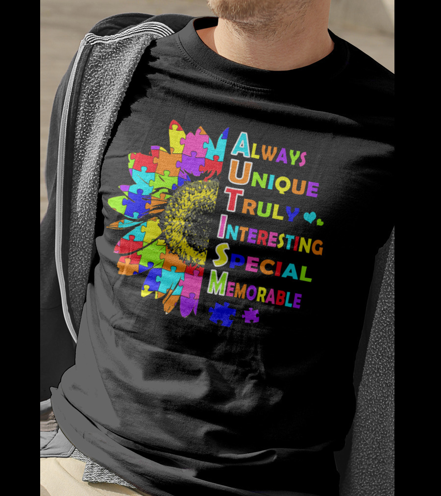 Autism Always Unique Truly Interesting Special Memorable Puzzle Sunflower T-Shirt