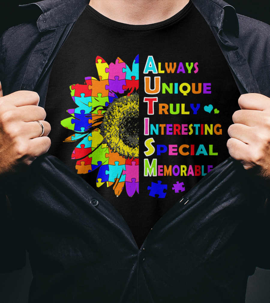 Autism Always Unique Truly Interesting Special Memorable Puzzle Sunflower T-Shirt