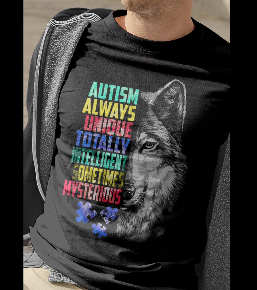 Autism Always Unique Totally Intelligent Sometimes Mysterious Wolf Puzzle T-Shirt