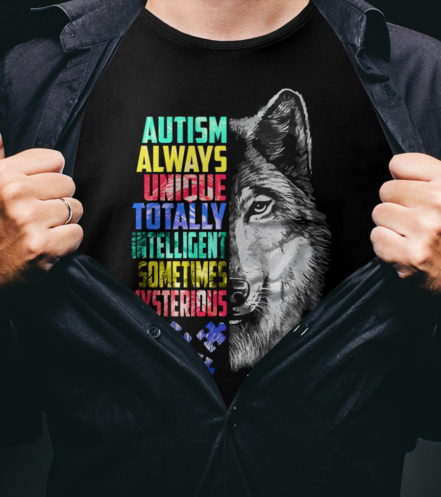 Autism Always Unique Totally Intelligent Sometimes Mysterious Wolf Puzzle T-Shirt