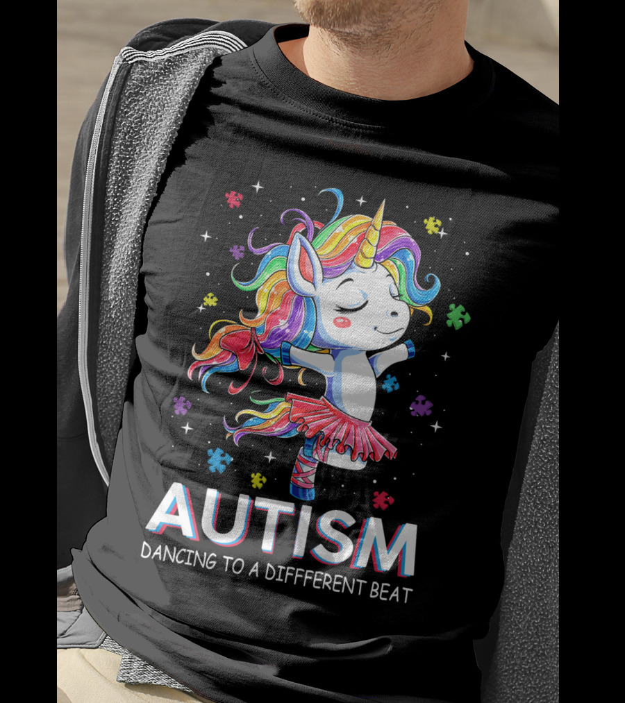 Autism Dancing To A Different Beat Unicorn Puzzle Pieces Rainbow Hair T-Shirt