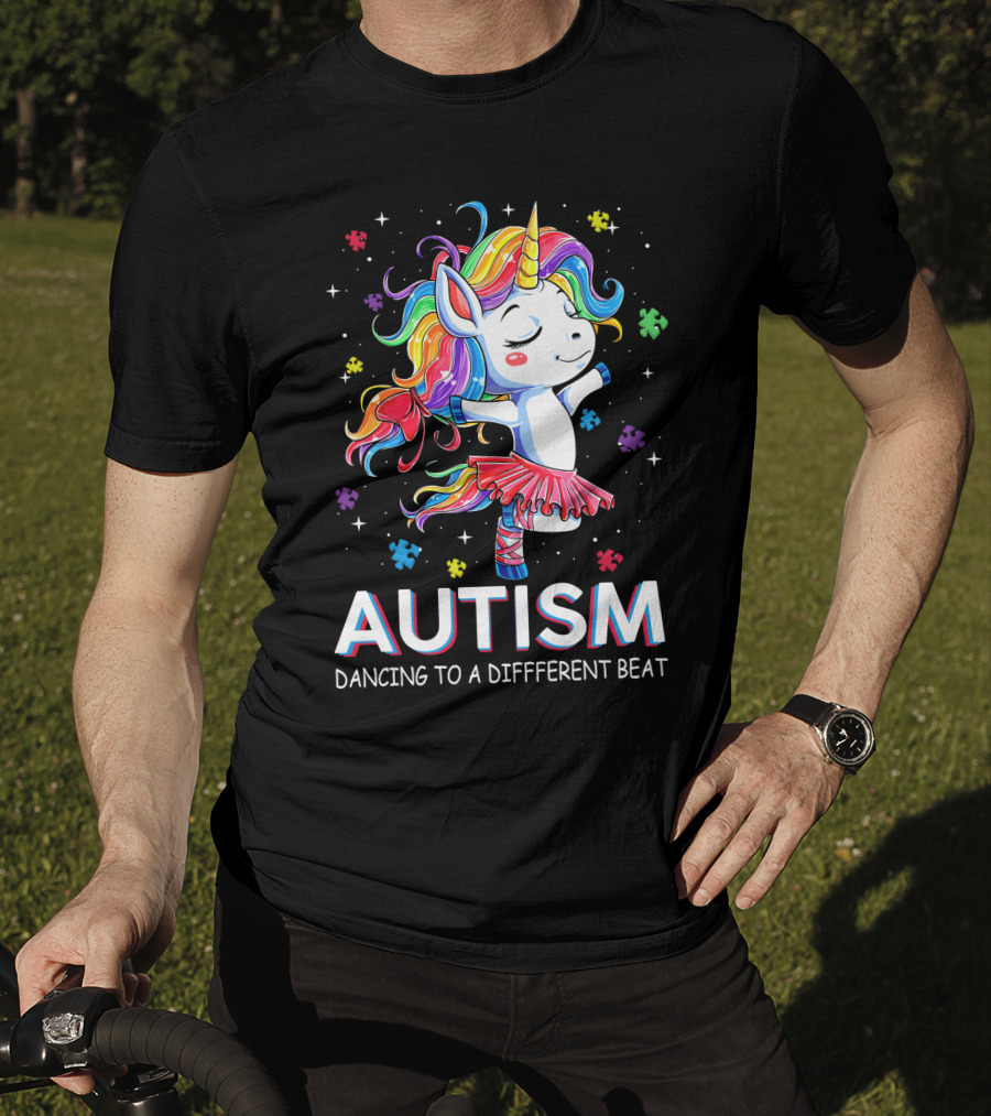 Autism Dancing To A Different Beat Unicorn Puzzle Pieces Rainbow Hair T-Shirt