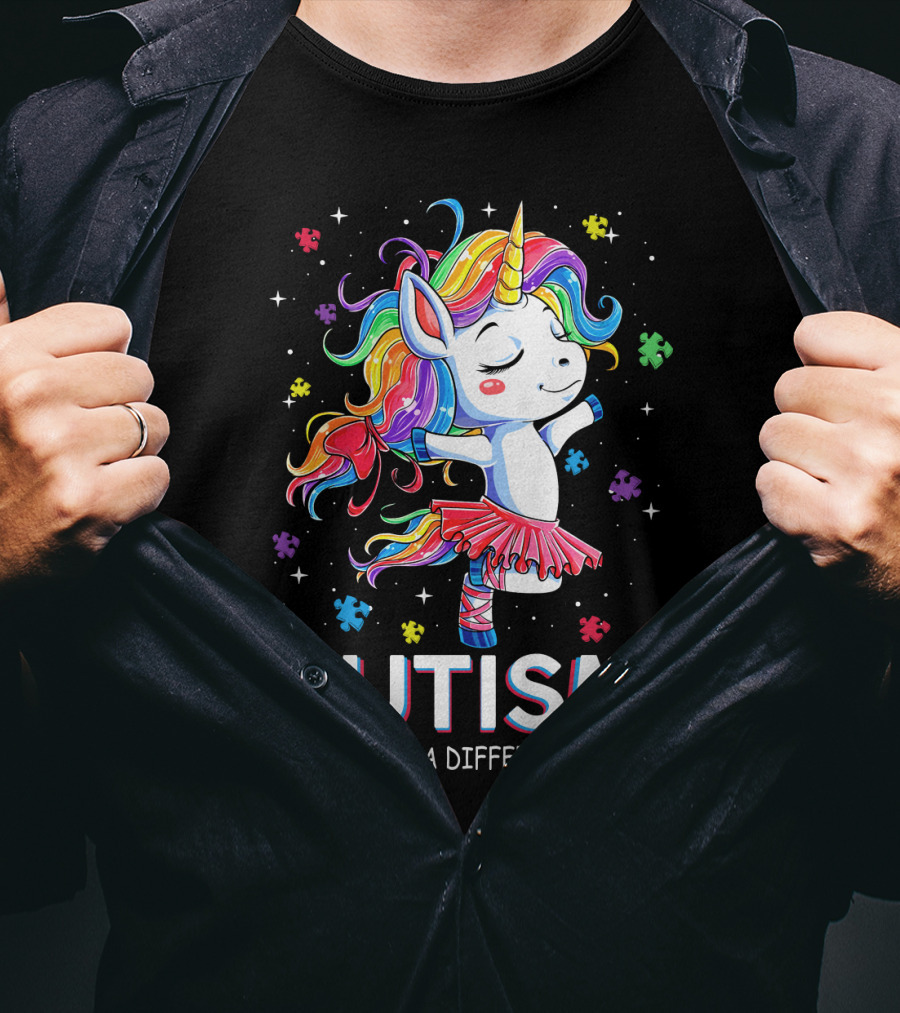 Autism Dancing To A Different Beat Unicorn Puzzle Pieces Rainbow Hair T-Shirt