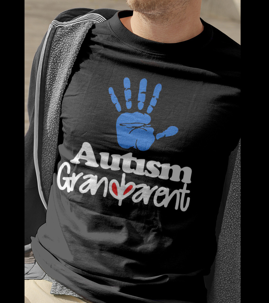 Autism Grandparent Blue Handprint Red Heart Inclusion T-Shirt