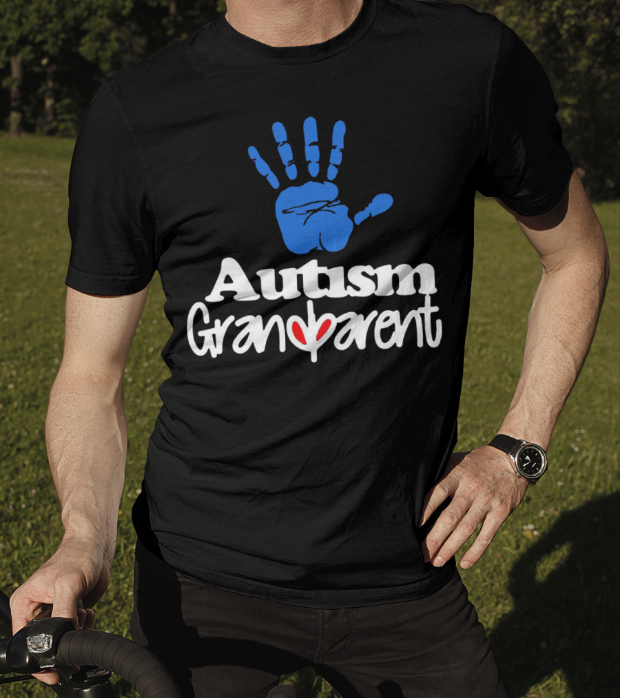 Autism Grandparent Blue Handprint Red Heart Inclusion T-Shirt