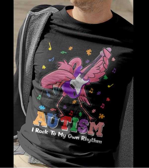 Autism I Rock To My Own Rhythm Flamingo With Guitar And Puzzle Pieces T-Shirt