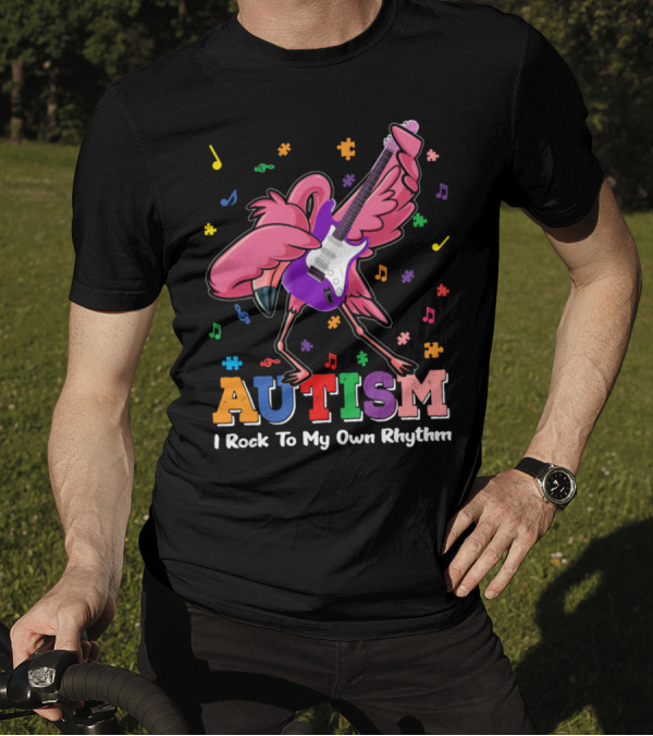 Autism I Rock To My Own Rhythm Flamingo With Guitar And Puzzle Pieces T-Shirt