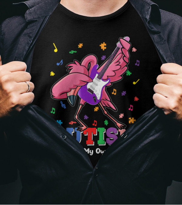 Autism I Rock To My Own Rhythm Flamingo With Guitar And Puzzle Pieces T-Shirt