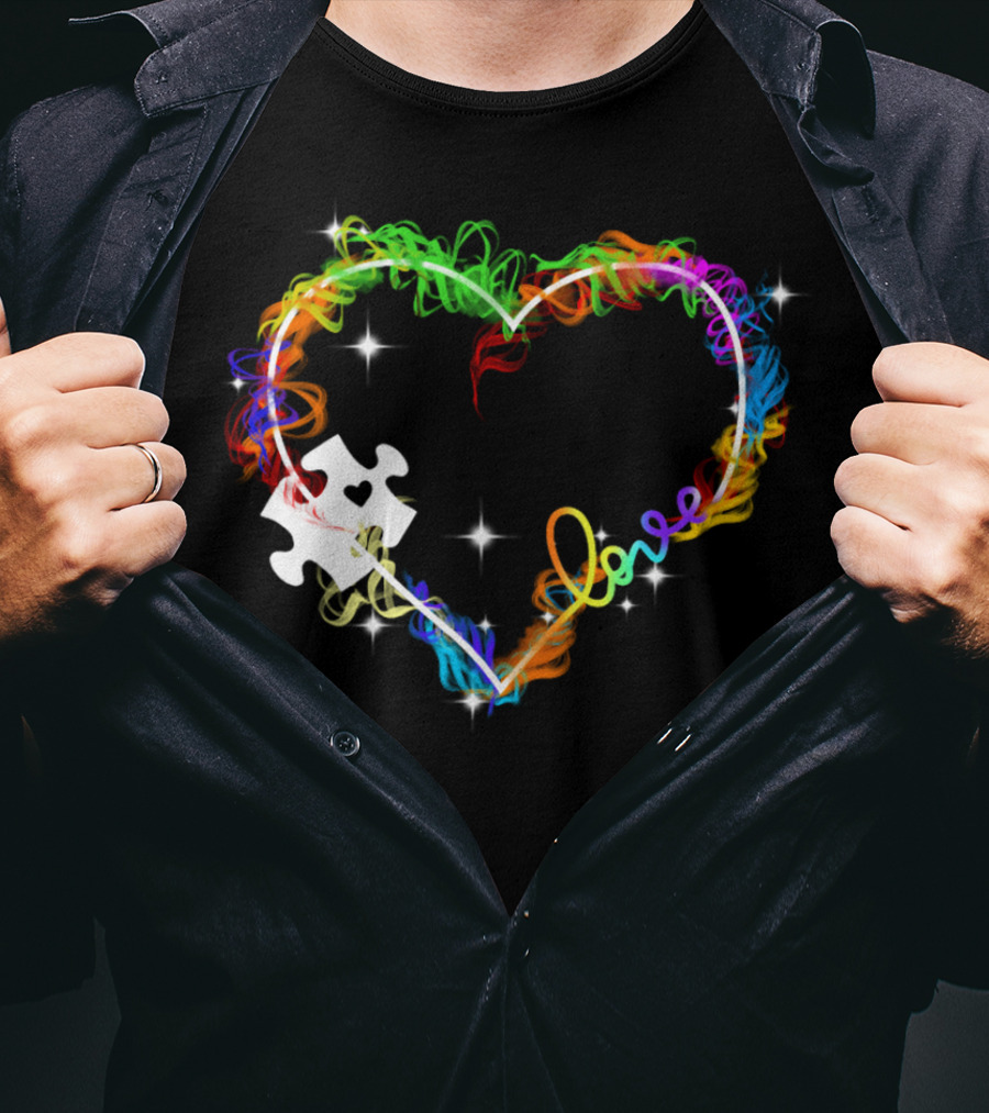 Love Heart Rainbow Puzzle Autism T-Shirt