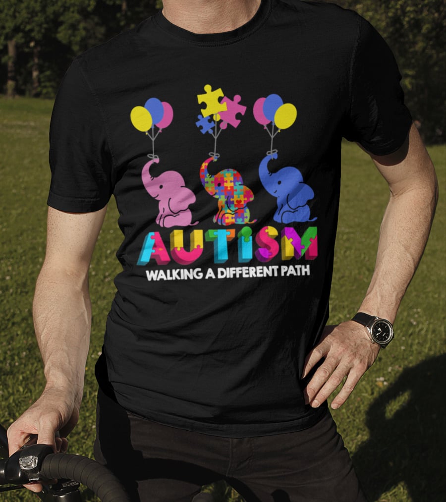 Autism Walking A Different Path Colorful Elephants And Balloons T-Shirt
